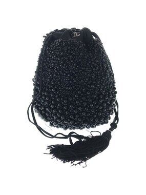Chanel CC Logo Beads Drawstring Pouch Mini Bag Black
